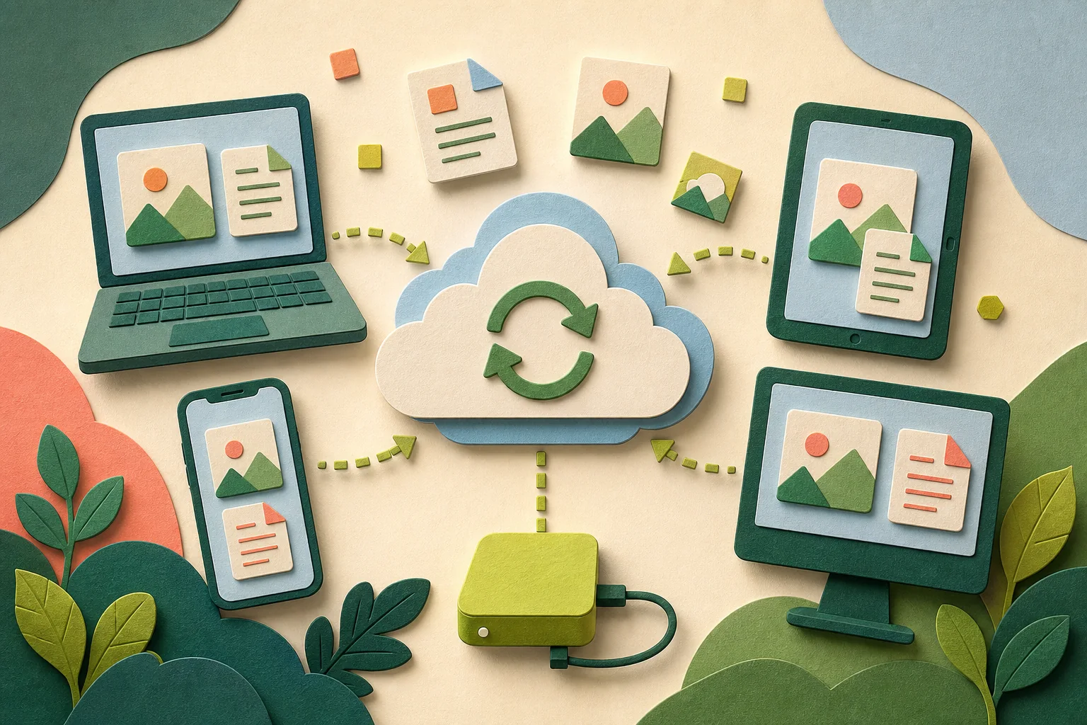 Ilustración editorial para Cómo configurar copias automáticas para los dispositivos de una familia