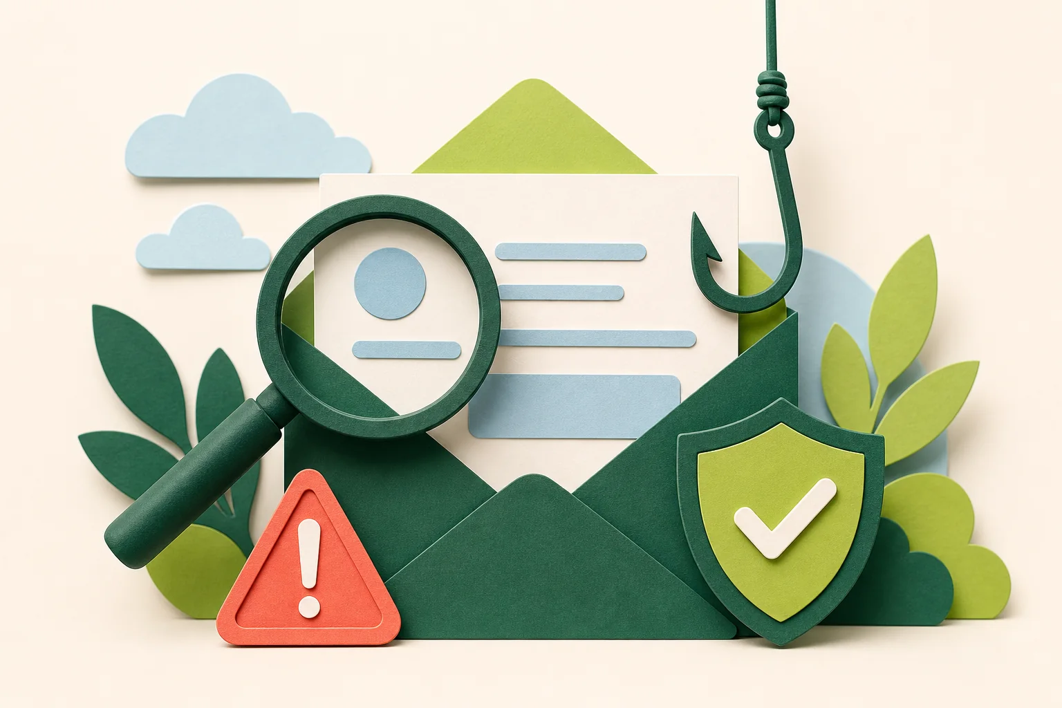 Ilustración editorial para Cinco preguntas para detectar un correo falso antes de hacer clic