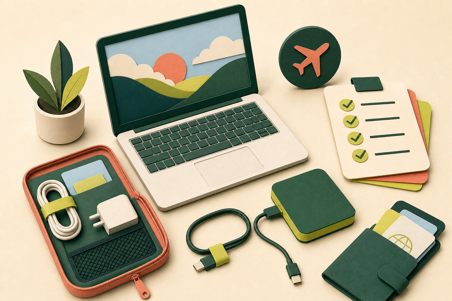 Ilustración editorial para Qué preparar en tu laptop antes de un viaje