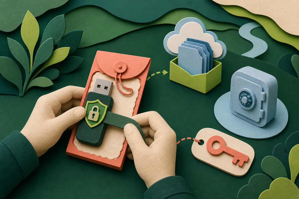 Ilustración editorial para Cómo proteger una memoria USB que lleva documentos importantes