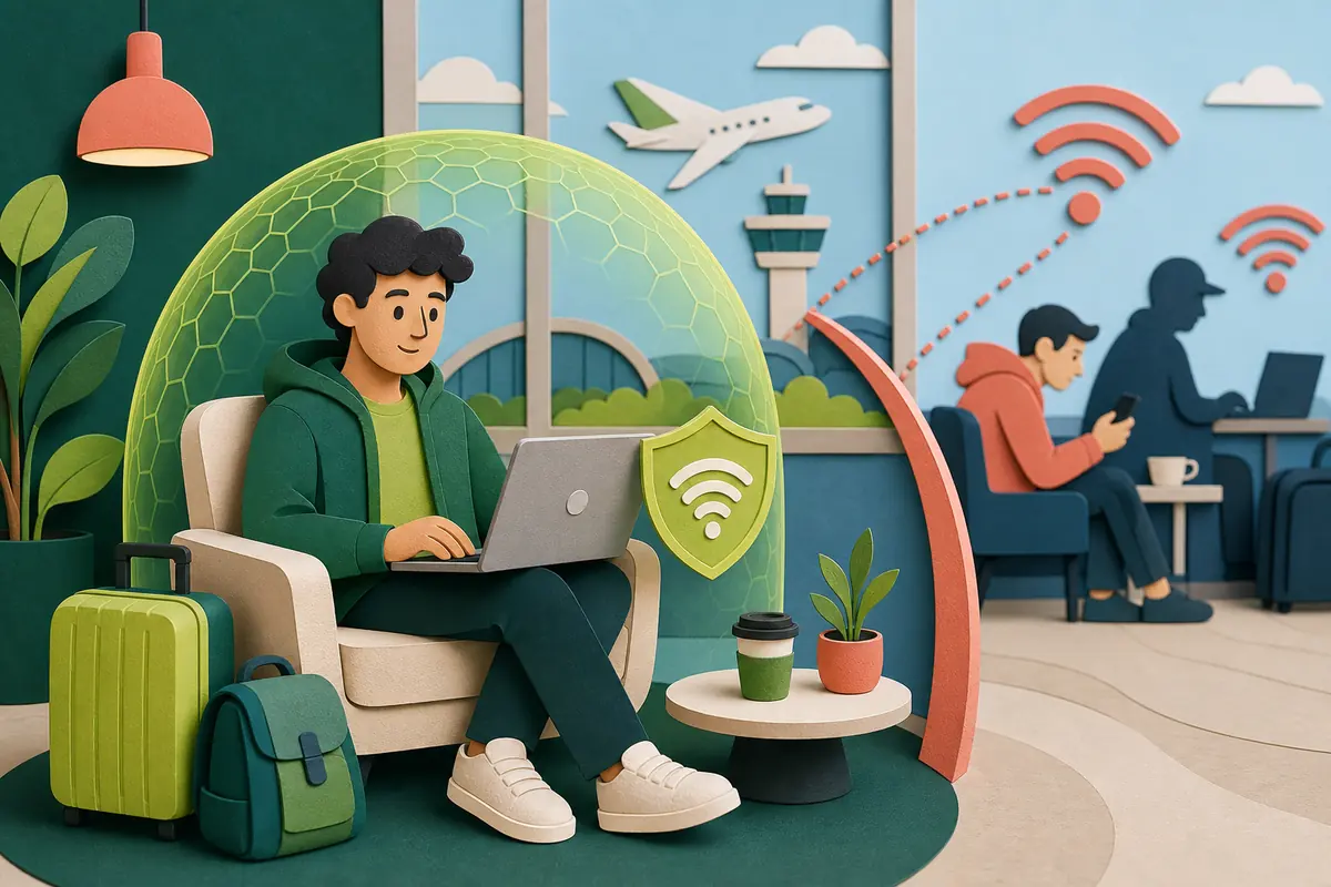Ilustración editorial para Cómo usar Wi-Fi público sin exponer tus cuentas